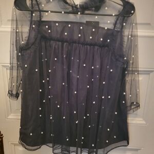 Elegant Black Sheer Top with Pearl Accents Small